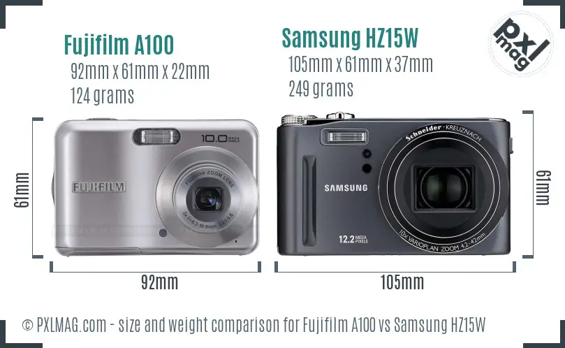 Fujifilm A100 vs Samsung HZ15W size comparison Fujifilm A100 vs Samsung HZ15W size comparison