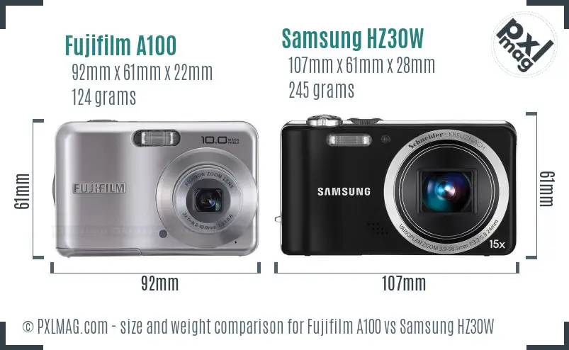 Fujifilm A100 vs Samsung HZ30W size comparison