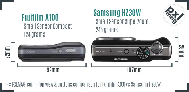 Fujifilm A100 vs Samsung HZ30W top view buttons comparison