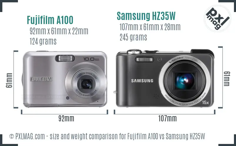 Fujifilm A100 vs Samsung HZ35W size comparison