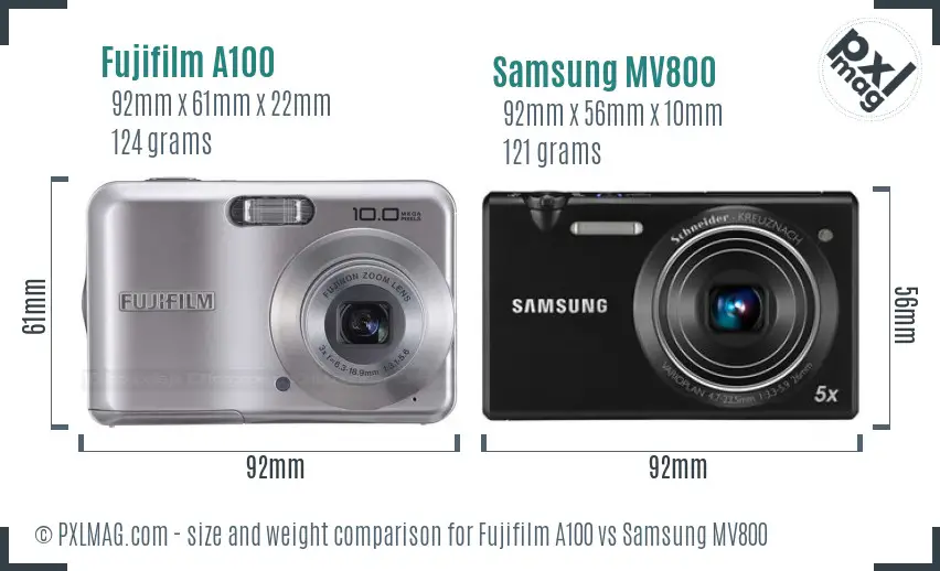 Fujifilm A100 vs Samsung MV800 size comparison