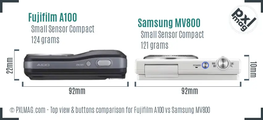 Fujifilm A100 vs Samsung MV800 top view buttons comparison