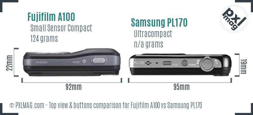 Fujifilm A100 vs Samsung PL170 top view buttons comparison