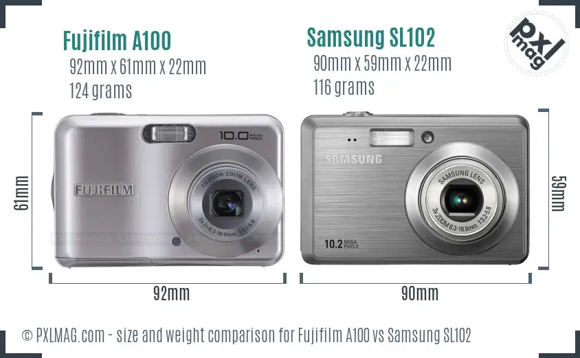 Fujifilm A100 vs Samsung SL102 size comparison