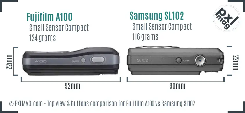 Fujifilm A100 vs Samsung SL102 top view buttons comparison
