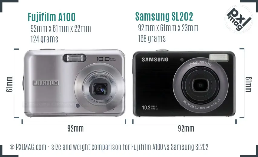 Fujifilm A100 vs Samsung SL202 size comparison