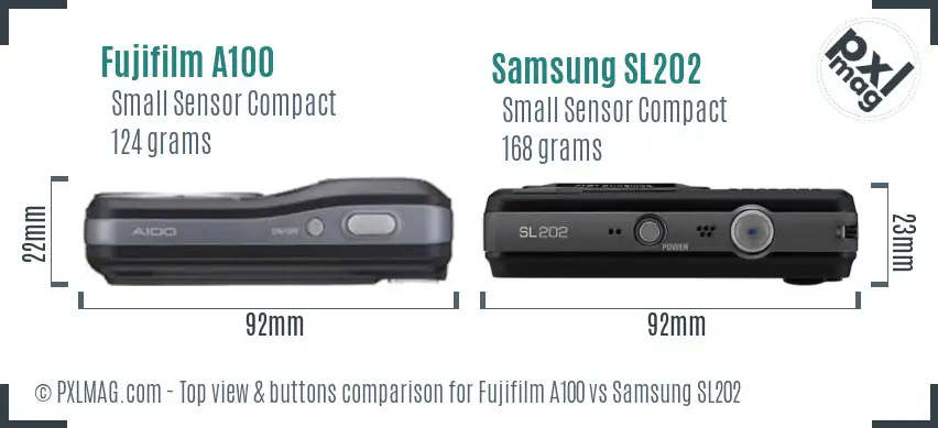 Fujifilm A100 vs Samsung SL202 top view buttons comparison