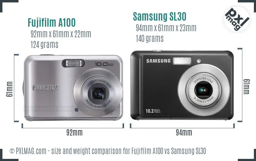 Fujifilm A100 vs Samsung SL30 size comparison