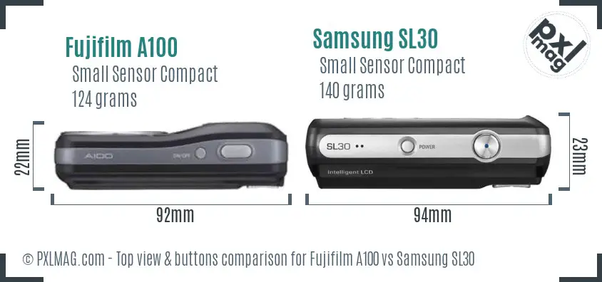 Fujifilm A100 vs Samsung SL30 top view buttons comparison