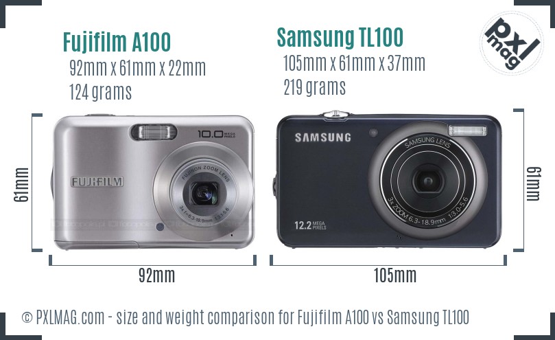 Fujifilm A100 vs Samsung TL100 size comparison