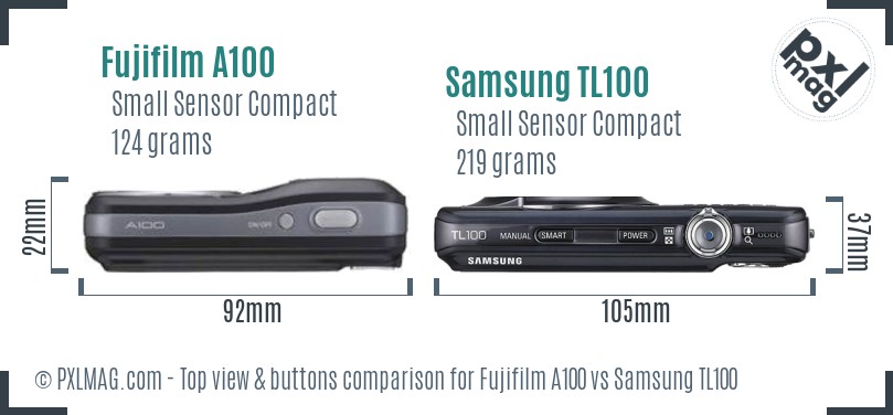 Fujifilm A100 vs Samsung TL100 top view buttons comparison