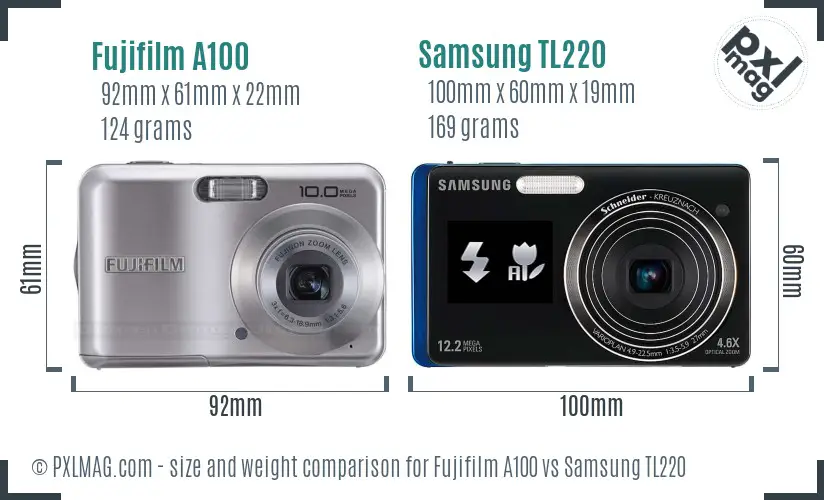 Fujifilm A100 vs Samsung TL220 size comparison