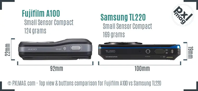 Fujifilm A100 vs Samsung TL220 top view buttons comparison