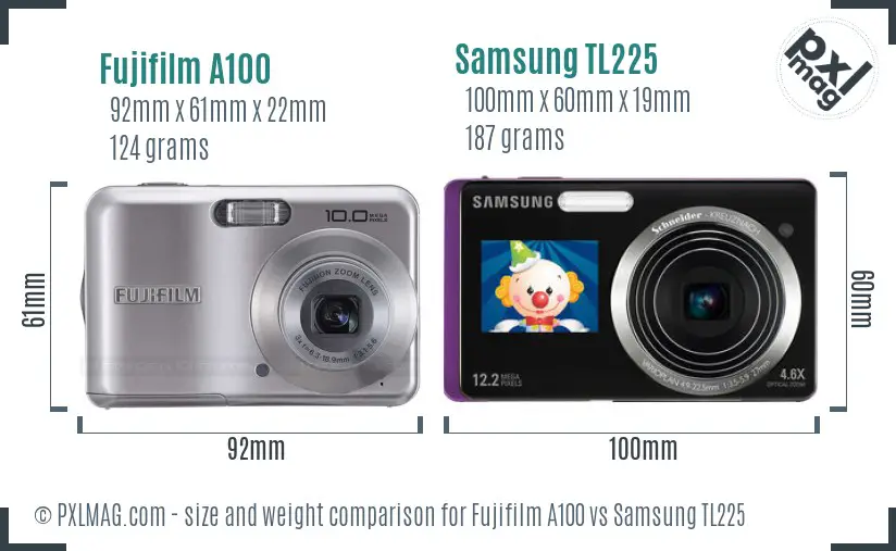 Fujifilm A100 vs Samsung TL225 size comparison