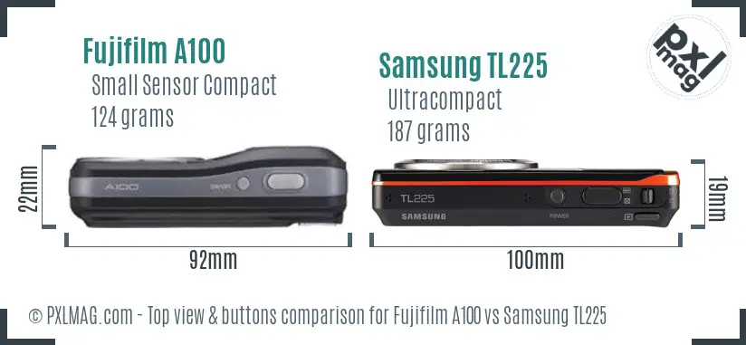 Fujifilm A100 vs Samsung TL225 top view buttons comparison