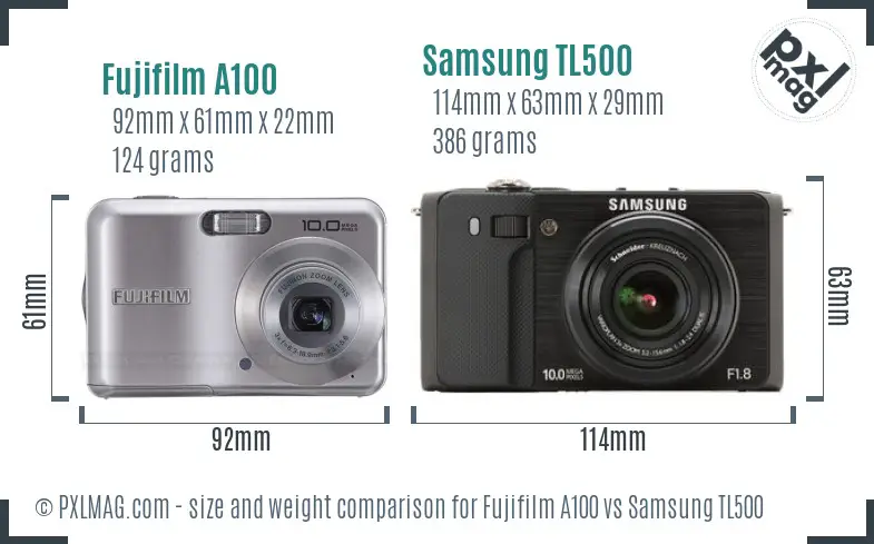 Fujifilm A100 vs Samsung TL500 size comparison