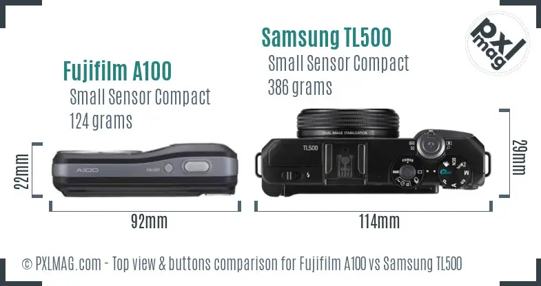 Fujifilm A100 vs Samsung TL500 top view buttons comparison