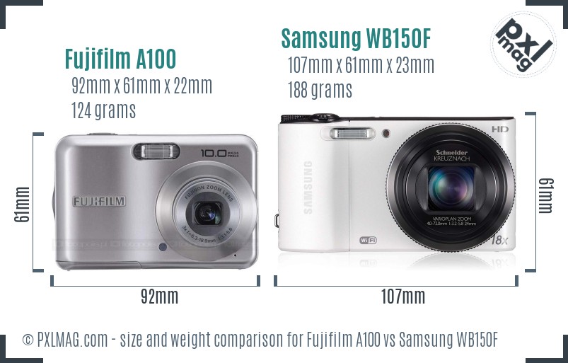 Fujifilm A100 vs Samsung WB150F size comparison
