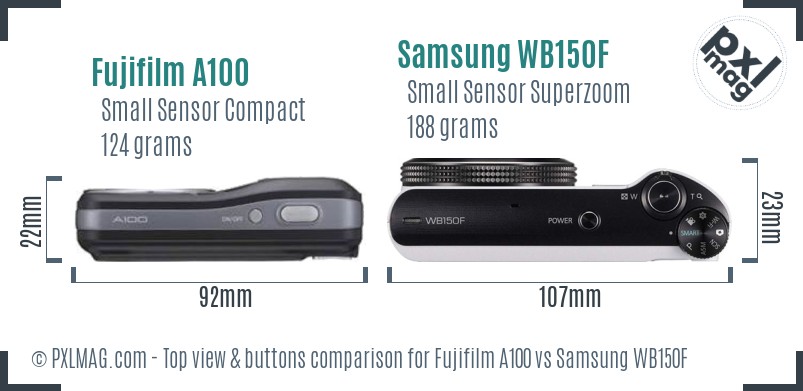 Fujifilm A100 vs Samsung WB150F top view buttons comparison