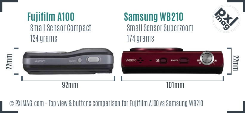 Fujifilm A100 vs Samsung WB210 top view buttons comparison