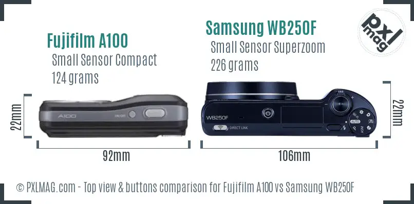 Fujifilm A100 vs Samsung WB250F top view buttons comparison