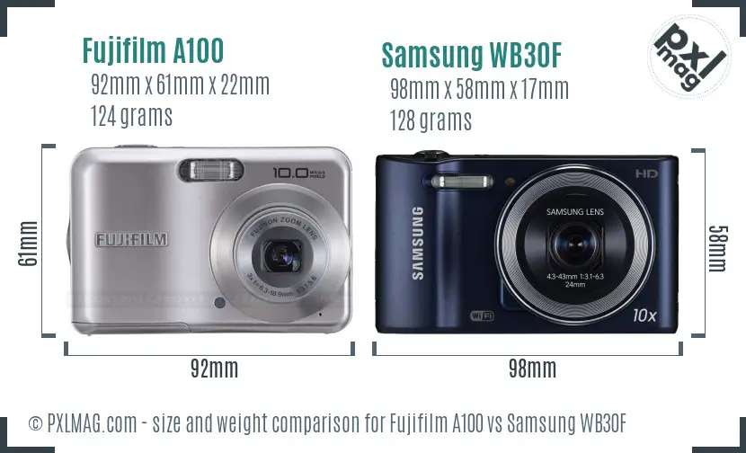 Fujifilm A100 vs Samsung WB30F size comparison