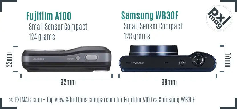 Fujifilm A100 vs Samsung WB30F top view buttons comparison