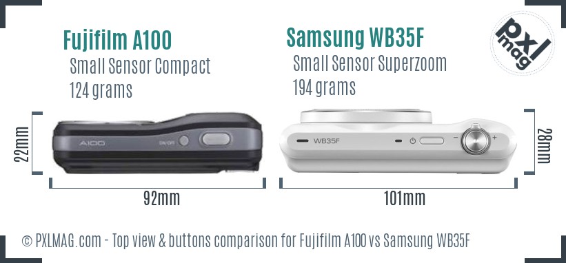 Fujifilm A100 vs Samsung WB35F top view buttons comparison