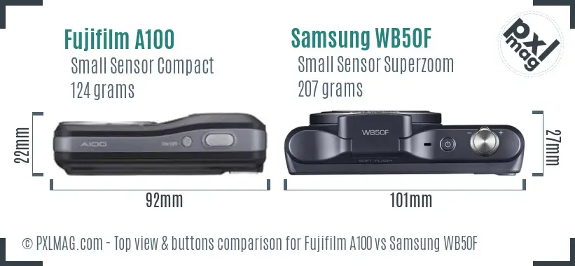 Fujifilm A100 vs Samsung WB50F top view buttons comparison