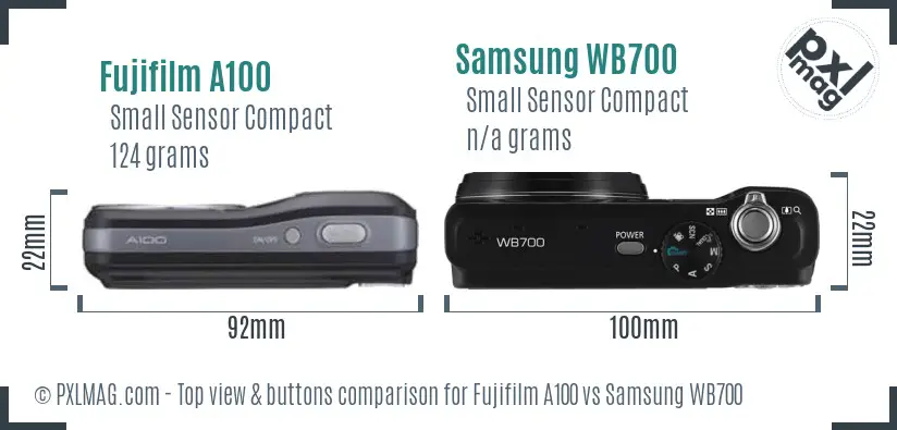 Fujifilm A100 vs Samsung WB700 top view buttons comparison Fujifilm A100 vs Samsung WB700 top view buttons comparison