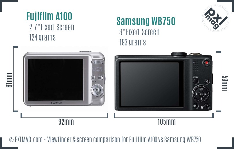 Fujifilm A100 vs Samsung WB750 Screen and Viewfinder comparison