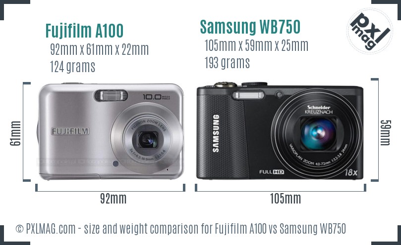 Fujifilm A100 vs Samsung WB750 size comparison