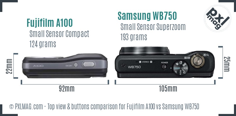 Fujifilm A100 vs Samsung WB750 top view buttons comparison