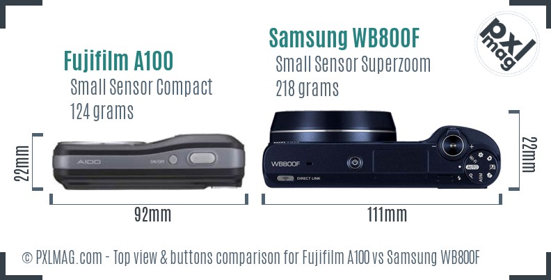 Fujifilm A100 vs Samsung WB800F top view buttons comparison