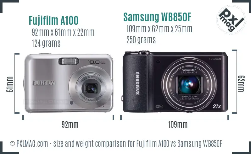 Fujifilm A100 vs Samsung WB850F size comparison