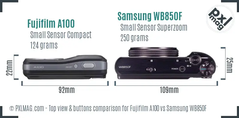 Fujifilm A100 vs Samsung WB850F top view buttons comparison