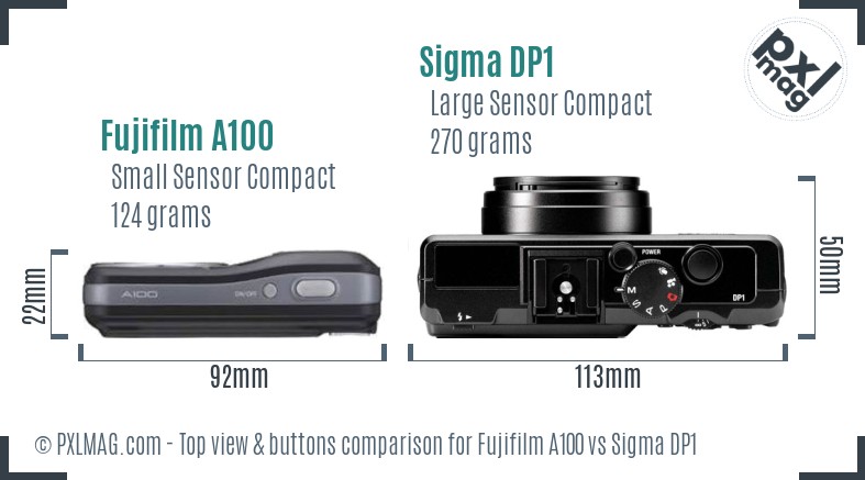 Fujifilm A100 vs Sigma DP1 top view buttons comparison