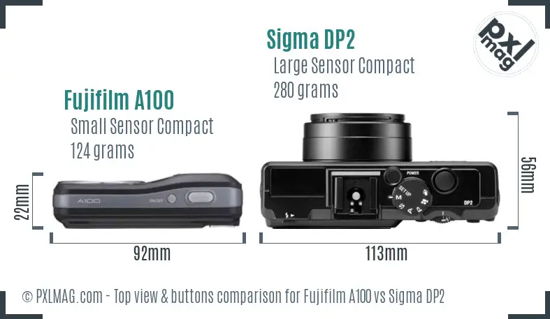 Fujifilm A100 vs Sigma DP2 top view buttons comparison