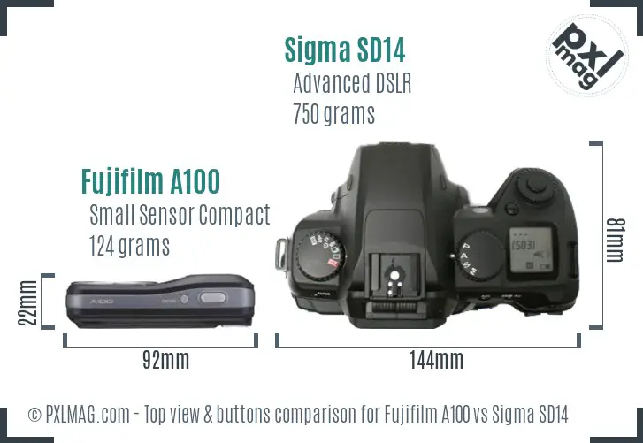 Fujifilm A100 vs Sigma SD14 top view buttons comparison
