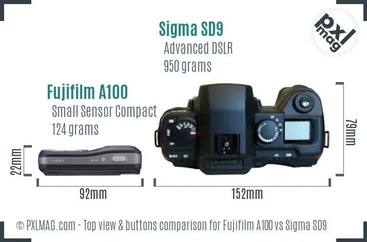 Fujifilm A100 vs Sigma SD9 top view buttons comparison