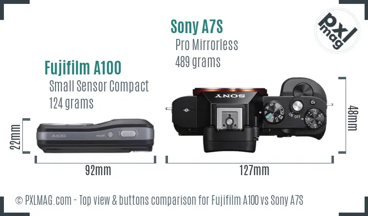 Fujifilm A100 vs Sony A7S top view buttons comparison Fujifilm A100 vs Sony A7S top view buttons comparison
