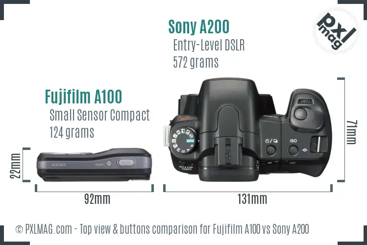 Fujifilm A100 vs Sony A200 top view buttons comparison Fujifilm A100 vs Sony A200 top view buttons comparison