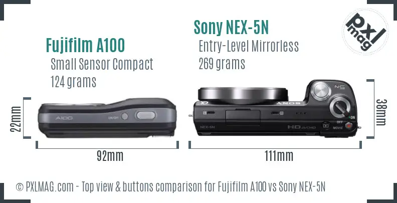 Fujifilm A100 vs Sony NEX-5N top view buttons comparison
