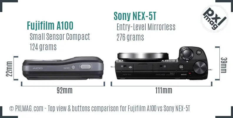 Fujifilm A100 vs Sony NEX-5T top view buttons comparison