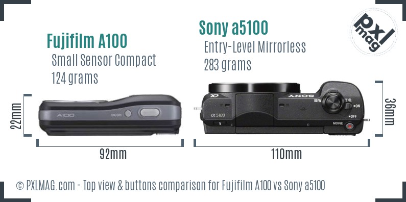 Fujifilm A100 vs Sony a5100 top view buttons comparison