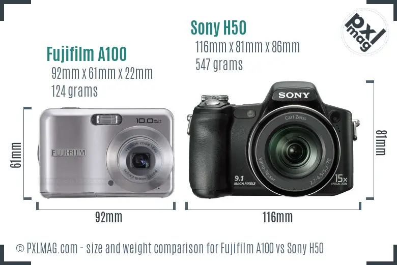 Fujifilm A100 vs Sony H50 size comparison