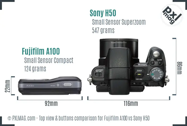 Fujifilm A100 vs Sony H50 top view buttons comparison