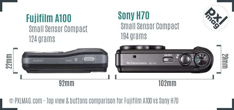 Fujifilm A100 vs Sony H70 top view buttons comparison Fujifilm A100 vs Sony H70 top view buttons comparison