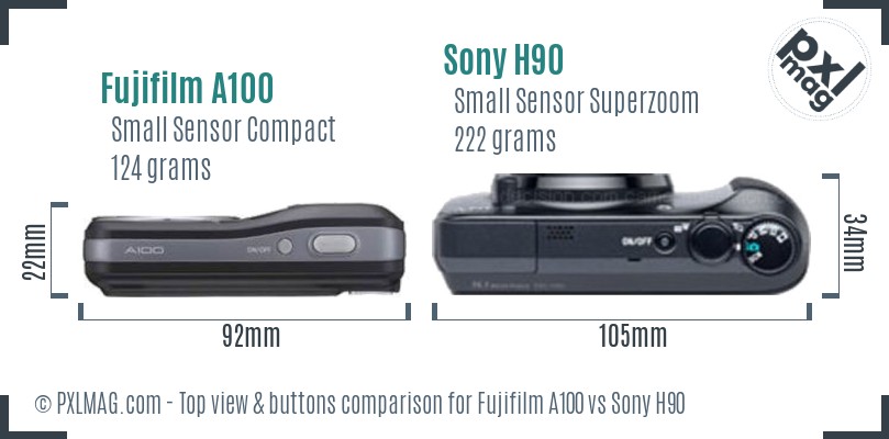 Fujifilm A100 vs Sony H90 top view buttons comparison