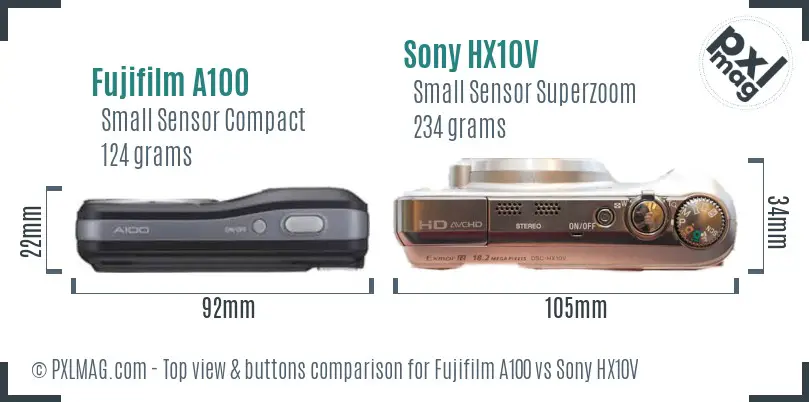 Fujifilm A100 vs Sony HX10V top view buttons comparison